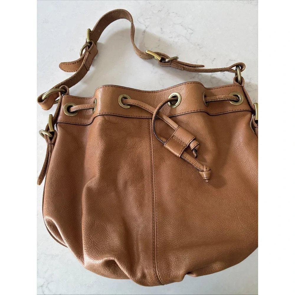 FOSSIL MADDOX BROWN LEATHER BUCKET DRAWSTRING SHOULDER BAG Hobo Vtg Boho Purse - Picture 3 of 11